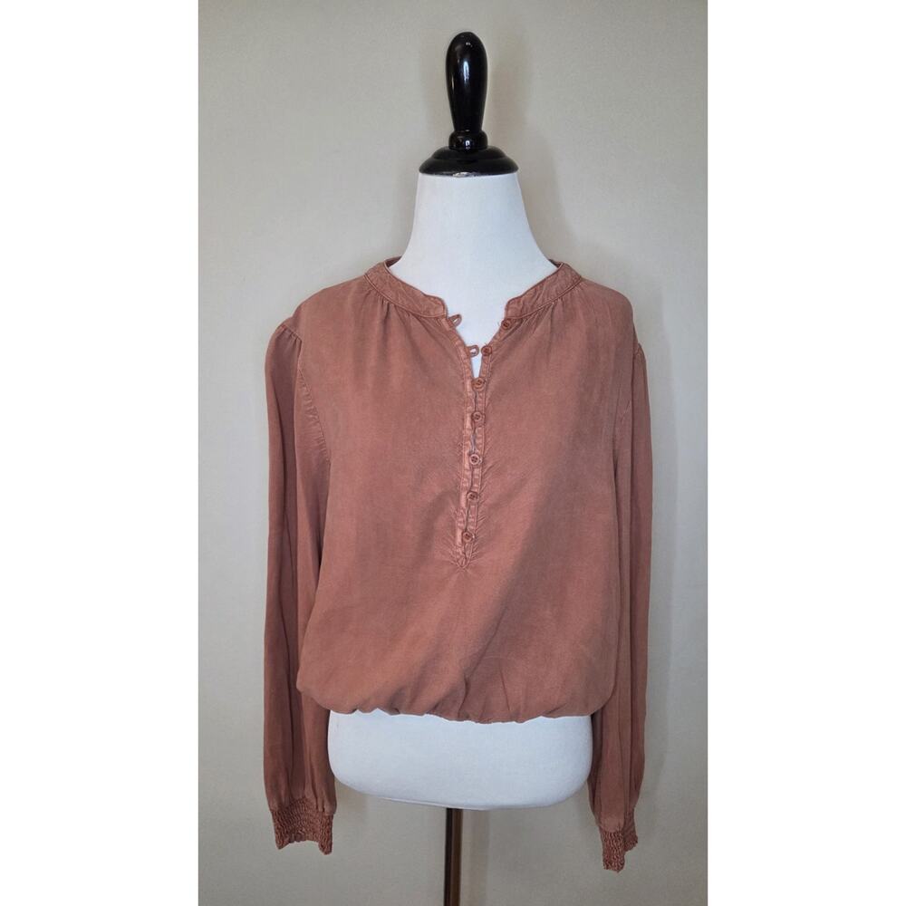 Bella Dahl Terracotta Long Sleeve Tencel Crop Top Blouse Button Detail L